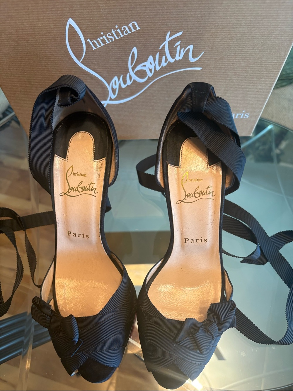 Christian Louboutin Black Satin Peep-Toe Ribbon Tie Heels with Bow